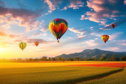 A colorful hot air balloons floats in sky over a blooming field meadow of flowers landscape at