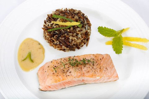 Southern German cuisine, fillet of Dreisam salmon with wild rice and lemon sauce, salmon fillet,