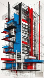 Architectural sketch of a modern high-rise with prominent red sections and blueprint details,