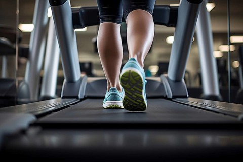 Back view of woman with sport shoes on treadmill in fitness studio. KI generiert, generiert AI