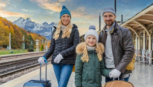 AI generated, A young family wants to travel and waits in the station for the train, 30, 35, years,