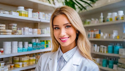 AI generated, A young pharmacist in her pharmacy, portrait, 30, 35, years, female, blonde, blond,