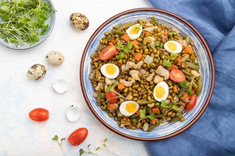 Mung bean porridge with quail eggs, tomatoes and microgreen sprouts on a white concrete background