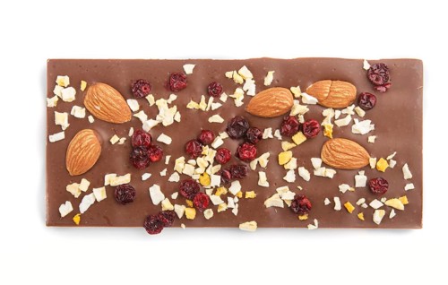 Milk chocolate bar with almonds and dried fruits isolated on white background. top view, flat lay