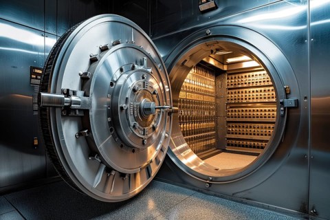 Open bank vault door, revealing a room filled with safety deposit boxes in safe depositary. The
