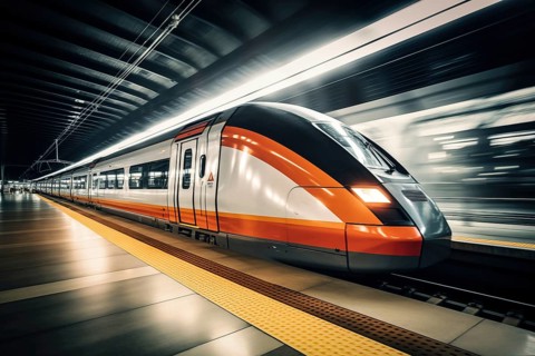 Modern high speed train in a futuristic train station. Modern transportation technology, speed,