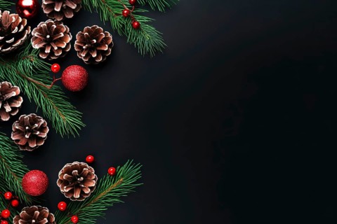 Seasonal Christmas decoration with fir cones and branches and red berries on side of black