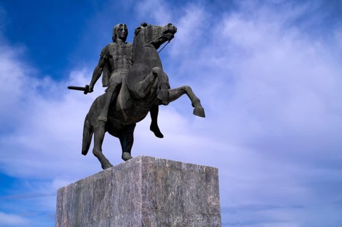 Statue, monument, military leader Alexander the Great on his horse Voukefalas, promenade,