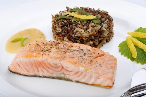 Southern German cuisine, fillet of Dreisam salmon with wild rice and lemon sauce, salmon fillet,