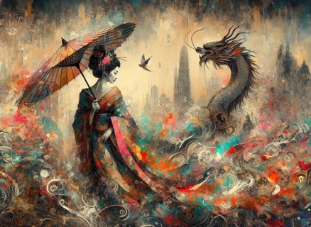 A colorful artistic rendition of a geisha with a dragon amidst an abstract background, japanese