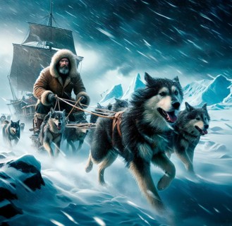 A polar explorer drives in a dog sled through a snowy landscape in the Antarctic in snow, cold and