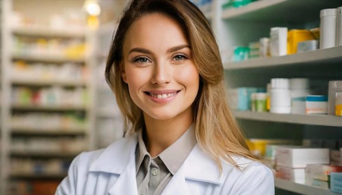 AI generated, A young pharmacist in her pharmacy, portrait, 30, 35, years, female, blonde, blond,