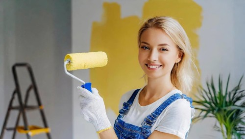 AI generated, woman, woman, a young girl paints a wall with new paint, yellow, yellow, renovation