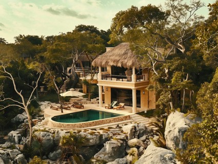 A luxurious tropical villa with a thatched roof overlooks a serene swimming pool surrounded by lush
