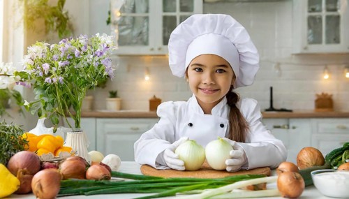 AI generated, human, humans, person, persons, child, children, 8 year old girl cutting onions in a