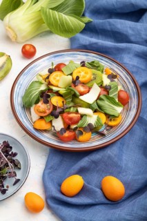 Vegetarian salad of pac choi cabbage, kiwi, tomatoes, kumquat, microgreen sprouts on a white