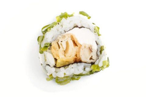 Japanese maki sushi rolls with green onion, isolated on white background. Top view, close up,