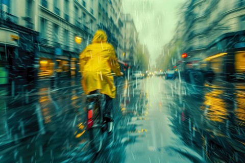 Person in yellow mackintosh riding a bike on a wet road in heavy rain, captured with motion blur,
