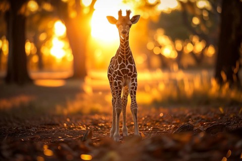 Baby giraffe standing amidst the golden rays of the setting sun, surrounded by nature s beauty, AI
