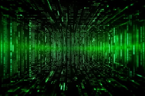 Green dynamic digital data streams, showcasing flowing lines of code in a mesmerizing pattern,