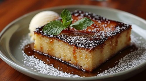 Malva pudding served with vanilla ice cream dusted with powdered sugar, ai generated, AI generated