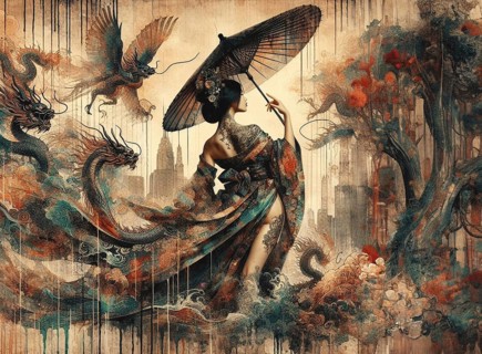 Ethereal scene with an tatooed geisha style young vibramt Asian woman, holding an umbrella, dragon,