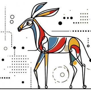 Stylized geometric representation of a gazelle with abstract colorful shapes, continuous line art,