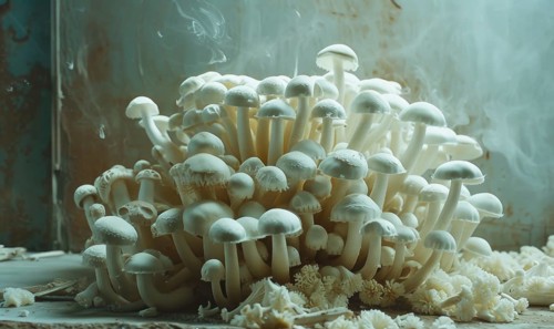 White shimeji mushrooms in a vase on a blue background. AI generated