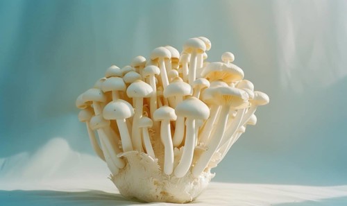 White Shimeji mushrooms on white background. Shimeji mushrooms. AI generated