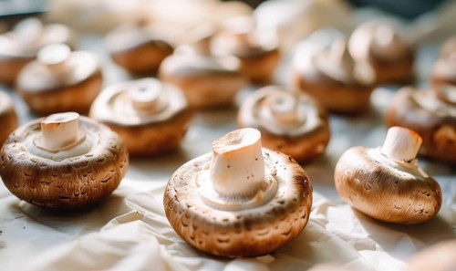 Fresh champignons on a white background. Selective focus. AI generated