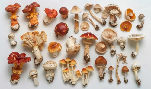 Variety of edible mushrooms on white background. Top view, flat lay. AI generated