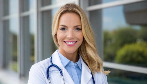 AI generated, A young pharmacist in her pharmacy, portrait, 30, 35, years, female, blonde, blond,