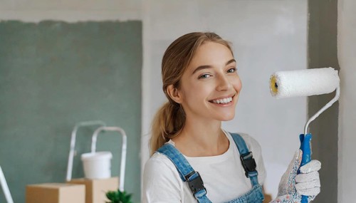 AI generated, woman, woman, a young girl paints a wall with new paint, white, whiter, white,