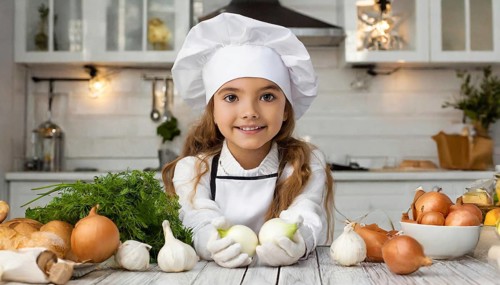 AI generated, human, humans, person, persons, child, children, 8 year old girl cutting onions in a