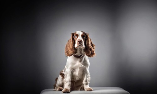 English cocker spaniel young dog posing. white and brown dog or pet playing happy, isolated, AI