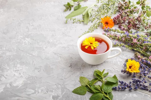 Cup of herbal tea with calendula, lavender, oregano, hyssop, mint and lemon balm on a gray concrete