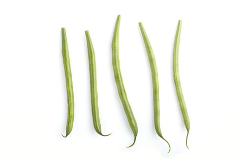 Bunch of green french beans isolated on white background. top view, close up