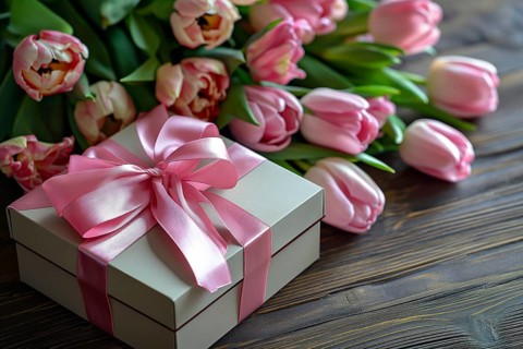Gift Box with Pink Ribbon Beside bouquet of Fresh Tulips. Background for Valentine day, March 8,