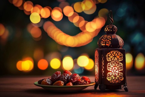 Ramadan lantern with a plate of succulent figs on bokeh background, set on an ornate table with
