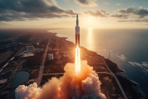 Aerial view of a rocket launch at sunrise sunset over an ocean coast. The rocket is blasting off