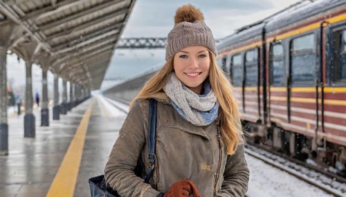 AI generated, A young blonde woman wants to travel and waits for the train at the station, 20, 25,