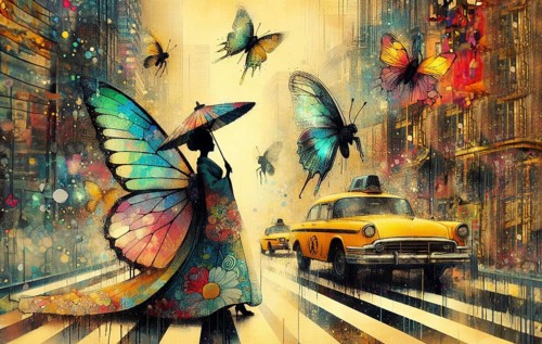 Vibrant painting of a woman with butterfly wings crossing the road with a yellow taxi nearby,