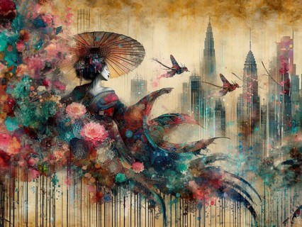 Urban fantasy with a kimono-clad woman and butterflies against a vibrant skyline, japanese themed