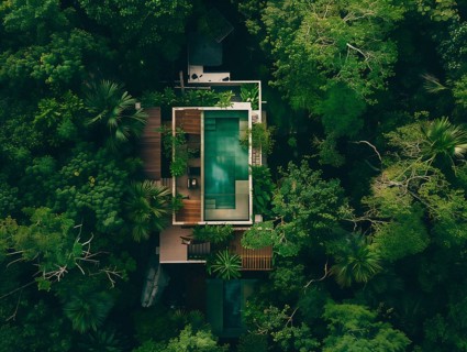 Aerial shot of a luxurious house with a pool nestled in a dense green forest, Playa del Carmen