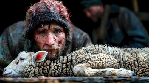 A butcher looks sadly over a young freshly slaughtered lamb, AI generated, AI generated,