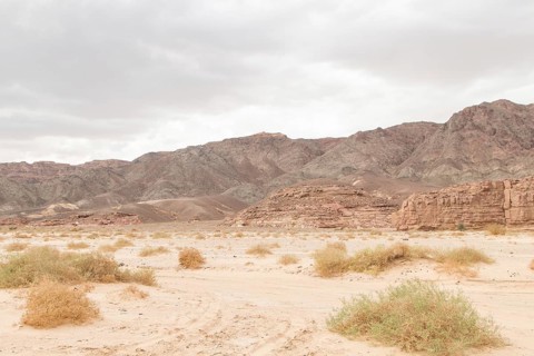 Desert, red mountains, rocks and cloudy sky. Egypt, the Sinai Peninsula, Dahab