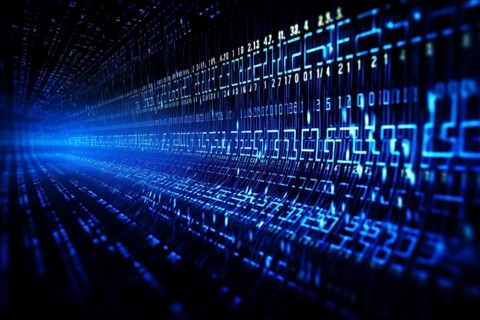 Blue dynamic digital data streams, showcasing flowing lines of code in a mesmerizing pattern, ideal