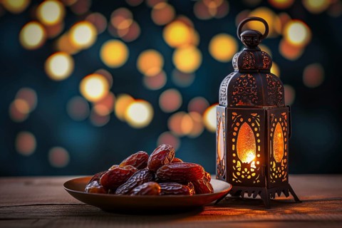 Ramadan lantern with a plate of succulent figs on bokeh background, set on an ornate table with