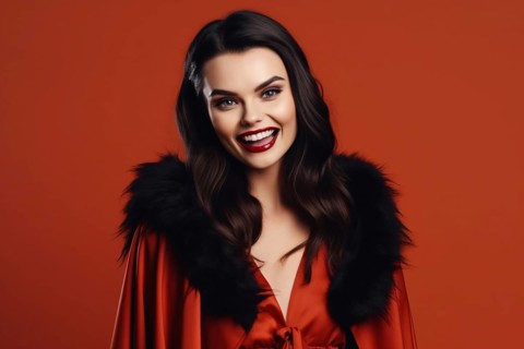 Woman in vampire Halloween costume on red background. KI generiert, generiert AI generated