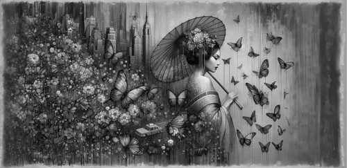 Tranquil monochrome scene of a geisha with butterflies and a vintage taxi among florals, shunga